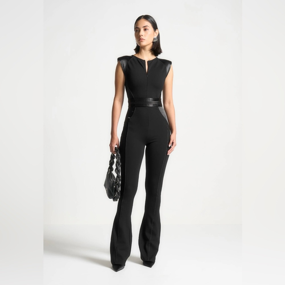 MANIERE DE VOIR | Satin Contour Flared Jumpsuit - Black